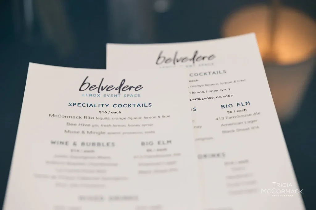 Belvedere Lenox event space specialty cocktail menu featuring McCormack Rita and Bee Hive drinks, showcasing drink names and ingredients.